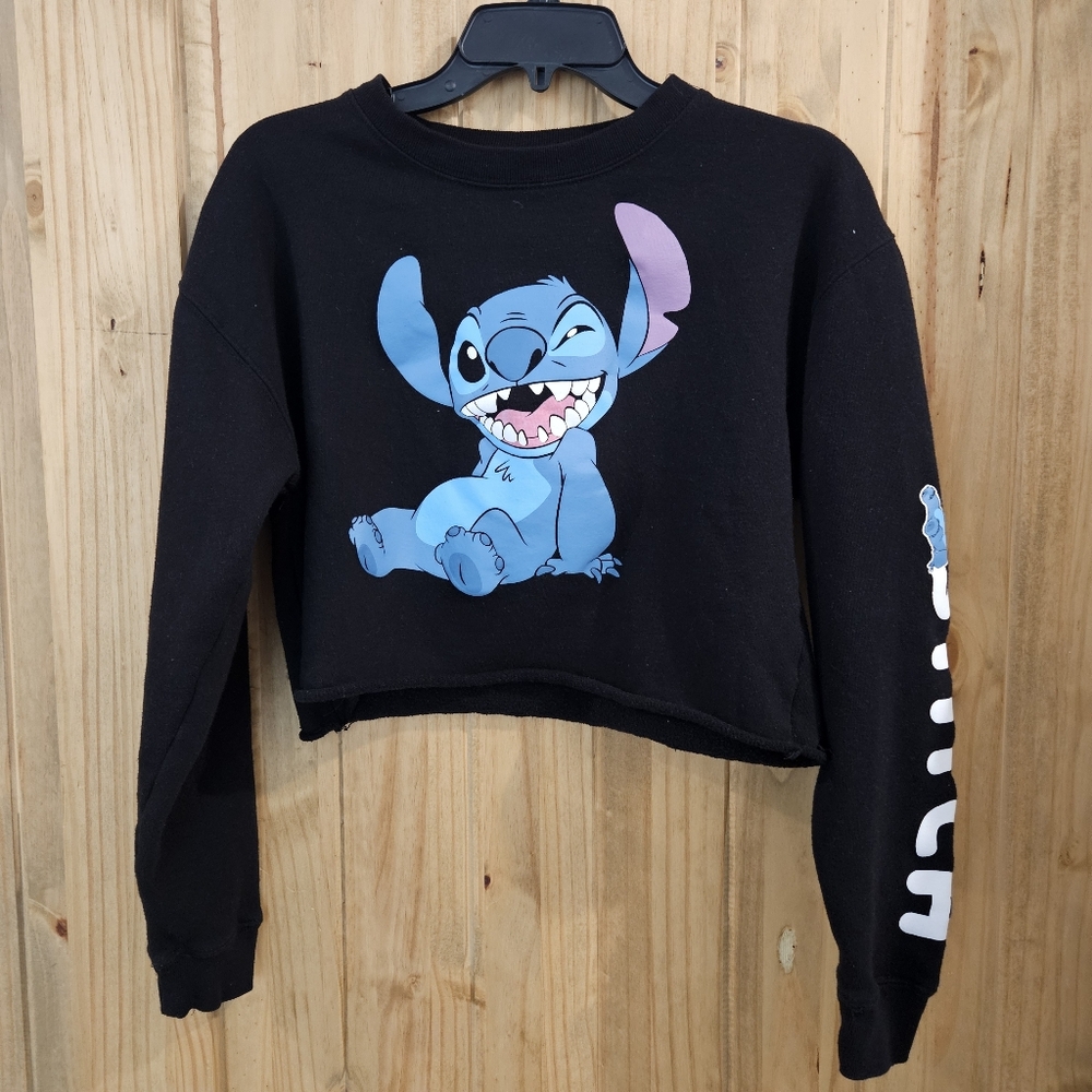 Disney Black Cropped Sweatshirt with Blue Stitch Graphic
